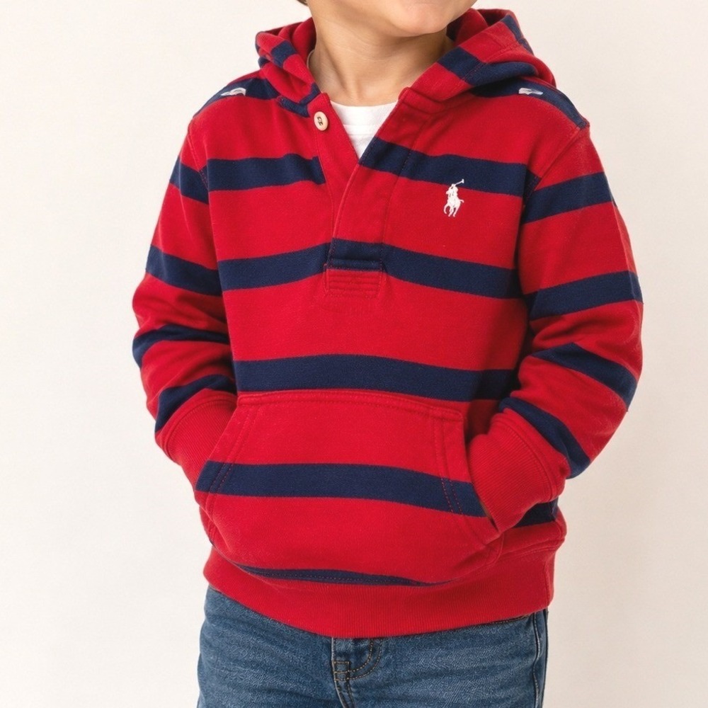 Polo Ralph Lauren Toddler Red & Navy Striped Hooded Pullover Sweatshirt Size 3T